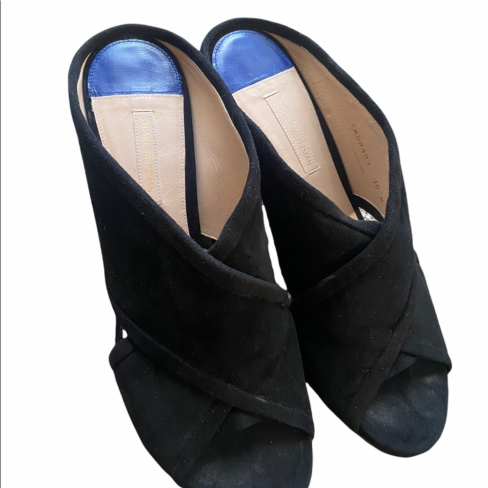 Stuart Weitzman
Suede Criss-Cross Black Block Heel Mule Sandals (Size 10M)